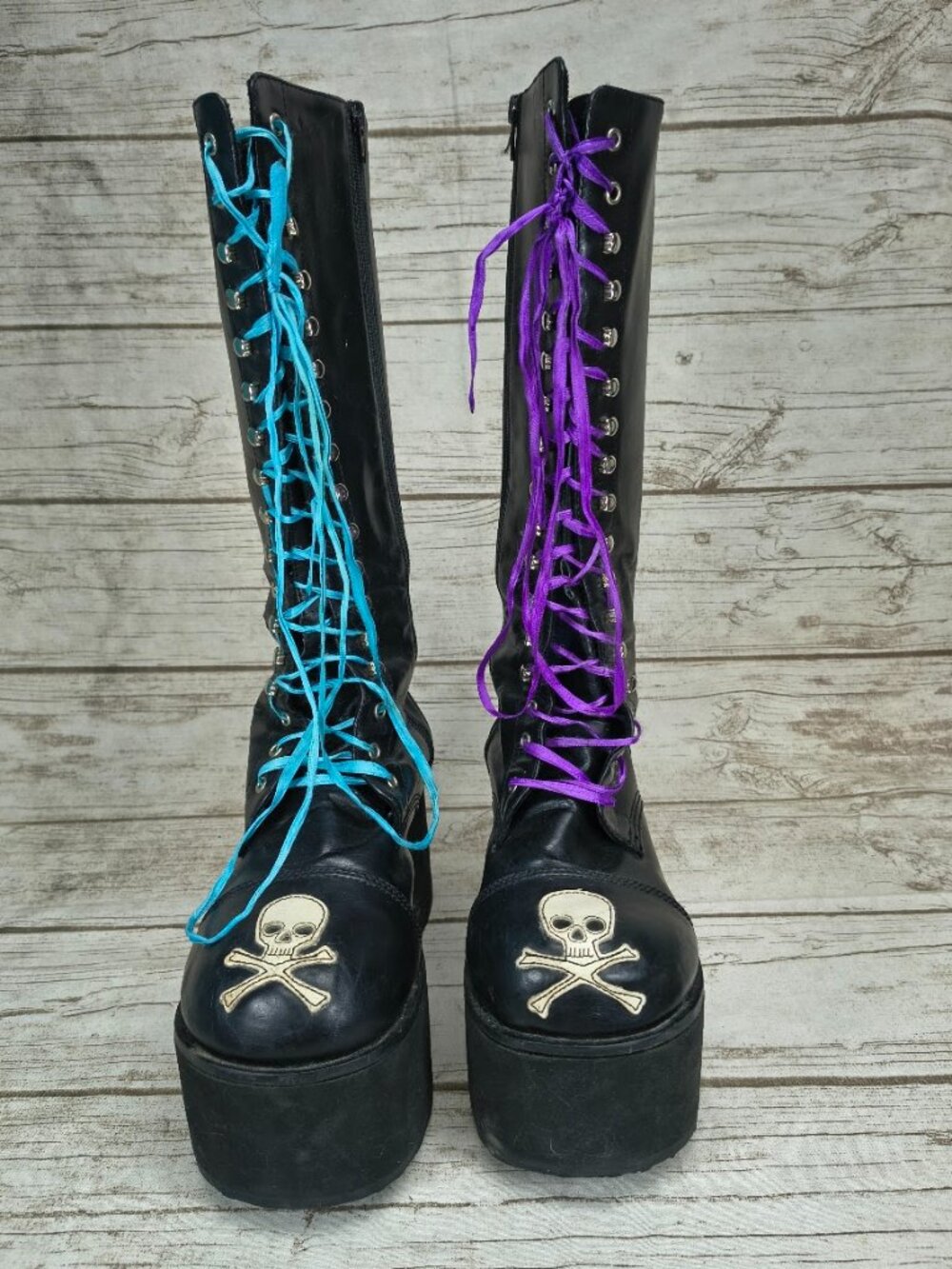Demonia Black Skull Platform Knee High Lace Up Boots 27.5cm Outsole